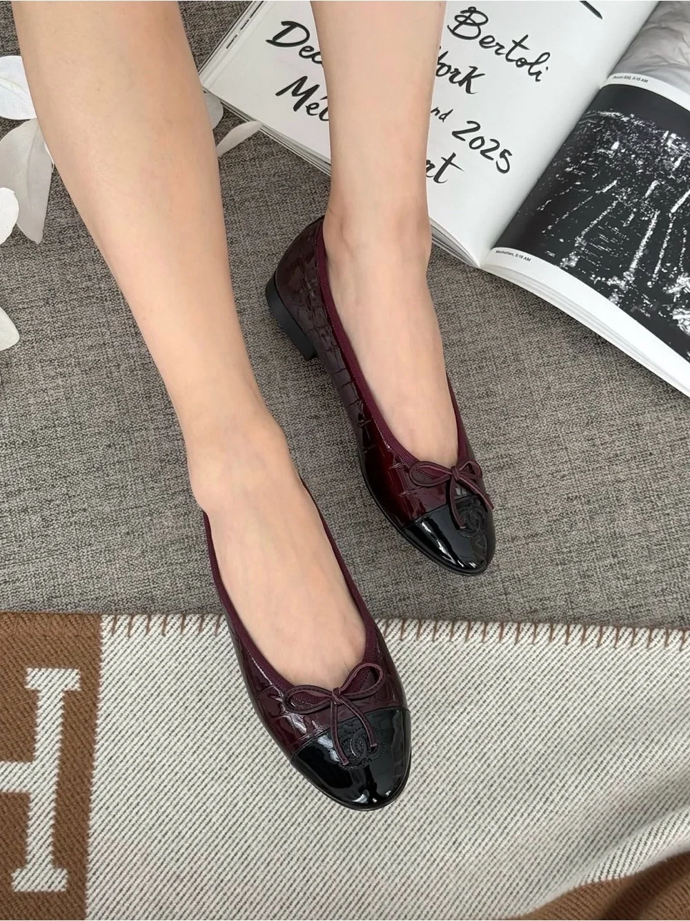 Chanel Croc Embossed Burgundy Flats | Size 39